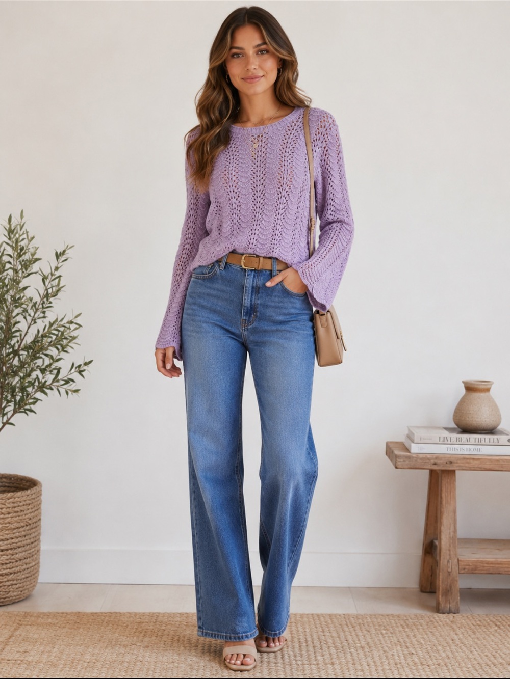 27 Miles Lavender Open-Knit Crewneck sweater Oversized  XS/ Small